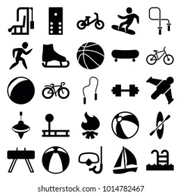 Activity icons. set of 25 editable filled activity icons such as child bicycle, beach ball, domino, ice skate, skate, sailboat, plastic ball, fintess equipment, gym equipment