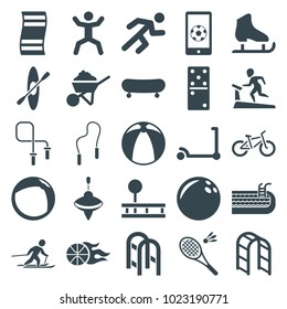 Activity icons. set of 25 editable filled activity icons such as kick scooter, construction, bowling ball, skate, fitness carpet, playground ladder, squat, running, skiing