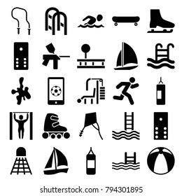 Activity icons. set of 25 editable filled activity icons such as domino, sailboat, boxing bag, pool, running, swimming pool, football on phone, skate rollers, ice skate, kite