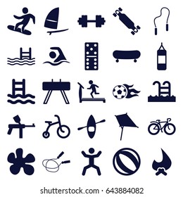 Activity icons set. set of 25 activity filled icons such as child bicycle, kite, treadmill, jump rope, domino, squat, pool, bicycle, swimming pool, swimming, snowboard