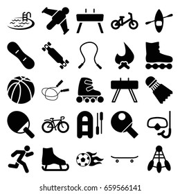 Activity icons set. set of 25 activity filled icons such as child bicycle, jump rope, pool, basketball, bicycle, running, skateboard, football ball, gymnastic apparatus