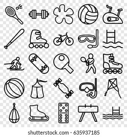Activity icons set. set of 25 activity outline icons such as domino, pool, aqualung, badminton, kite, tent, skiing, tennis playing, exercise bike, skate board, skate rollers