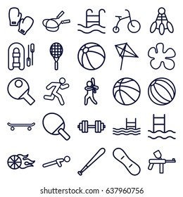 Activity icons set. set of 25 activity outline icons such as child bicycle, beach ball, kite, jump rope, push up, pool, running, swimming pool, baseball player, basketball