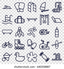 Activity icons set. set of 25 activity outline icons such as duck, construction, playground ladder, bar   tightening, running, swimming pool, swimmer, rowing boat, basketball