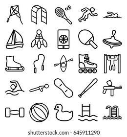 Activity icons set. set of 25 activity outline icons such as duck, whirligig, playground ladder, push up, bar   tightening, swimming pool, swimmer, rowing boat, badminton