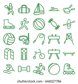 Activity icons set. set of 25 activity outline icons such as child bicycle, jump rope, domino, playground ladder, running, swimmer, rowing boat, kite, tennis playing, swimming