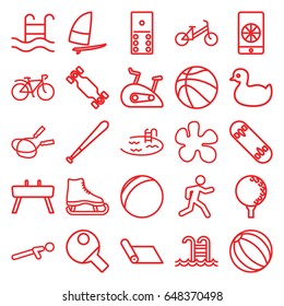Activity icons set. set of 25 activity outline icons such as duck, child bicycle, jump rope, pool, push up, running, bicycle, swimming pool, football on phone