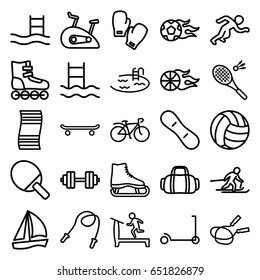 Activity icons set. set of 25 activity outline icons such as kick scooter, treadmill, jump rope, pool, bicycle, badminton, skiing, football ball, basketball, exercise bike