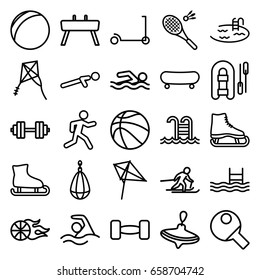 Activity icons set. set of 25 activity outline icons such as kick scooter, whirligig, kite, pool, push up, running, swimming pool, badminton, skiing, swimming, barbell