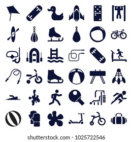Activity icons. set of 36 editable filled activity icons such as child bicycle, kite, treadmill, paintball, ice skate, skipping rope, fintess equipment, shuttlecock