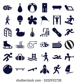 Activity icons. set of 36 editable filled activity icons such as duck, bowling ball, paintball, skate, pool ladder, skating, swimming man, carpet, ice skating, boxing bag