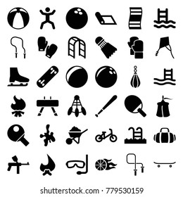 Activity icons. set of 36 editable filled activity icons such as child bicycle, construction, bowling ball, paintball, pool ladder, bonfire, plastic ball, carpet, shuttlecock