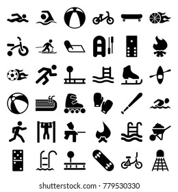 Activity icons. set of 36 editable filled activity icons such as child bicycle, beach ball, construction, domino, inflatable boat, pool ladder, bonfire, fintess equipment