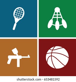 Activity icons set. set of 4 activity filled icons such as tennis rocket, basketball, paintball