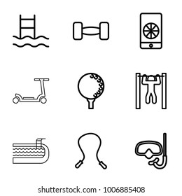 Activity icons. set of 9 editable outline activity icons such as skipping rope, swimming ladder, bar   tightening, barbell, football on phone, golf ball, snorkel, kick scooter