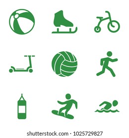 Activity icons. set of 9 editable filled activity icons such as child bicycle, beach ball, boxing bag, running, snowboard, volleyball, kick scooter, swimming man