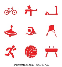 Activity icons set. set of 9 activity filled icons such as kick scooter, whirligig, running, swimming, gymnastic apparatus, bicycle, volleyball, kite