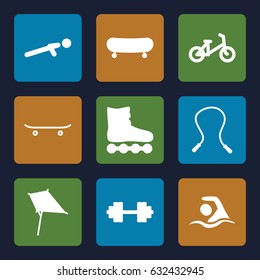 Activity icons set. set of 9 activity filled icons such as child bicycle, kite, push up, swimming, skateboard, barbell   isolated, skipping rope, skate