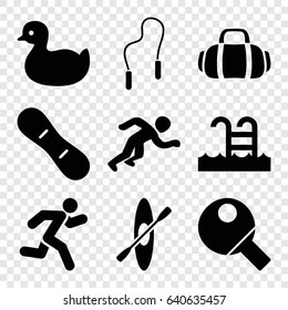 Activity icons set. set of 9 activity filled icons such as duck, running, swimming pool, skipping rope, sport bag, snow board, rowing