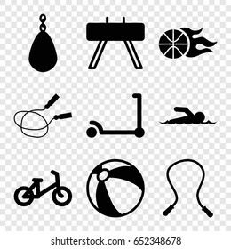 Activity icons set. set of 9 activity filled icons such as child bicycle, kick scooter, beach ball, jump rope, basketball, swimmer, skipping rope, fintess equipment