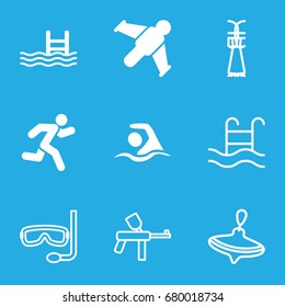 Activity icons set. set of 9 activity filled and outline icons such as pool, running, swimming, hang glider, whirligig, swimming pool, aqualung, shuttlecock