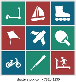 Activity icons set. set of 9 activity filled icons such as child bicycle, kick scooter, kite, treadmill, baseball bat, hang glider, sailboat, roller skate