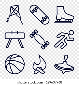 Activity icons set. set of 9 activity outline icons such as whirligig, running, kite, skate board, ice skate, basketball, bonfire