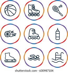Activity icons set. set of 9 activity outline icons such as swimming pool, badminton, basketball, skate rollers, boxing bag, roller skate, swimming man