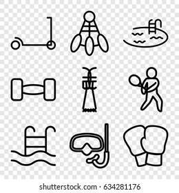 Activity icons set. set of 9 activity outline icons such as kick scooter, pool, swimming pool, tennis playing, barbell, snorkel, shuttlecock, boxing gloves