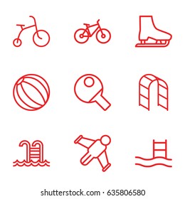Activity icons set. set of 9 activity outline icons such as child bicycle, playground ladder, swimming pool, bicycle, ice skate, table tennis, hang glider, beach ball
