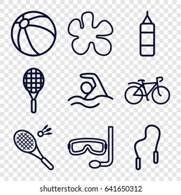 Activity icons set. set of 9 activity outline icons such as beach ball, bicycle, aqualung, badminton, swimming, tennis rocket, skipping rope, boxing bag