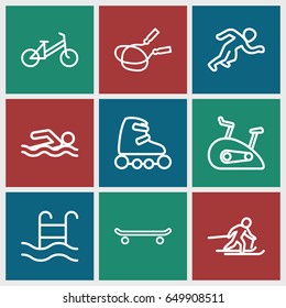 Activity icons set. set of 9 activity outline icons such as child bicycle, jump rope, swimming pool, skiing, exercise bike, skate rollers, running, skating