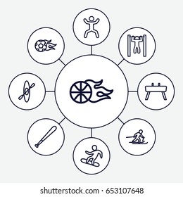 Activity icons set. set of 9 activity outline icons such as bar   tightening, squat, skiing, snowboard, football ball, basketball, gymnastic apparatus, rowing