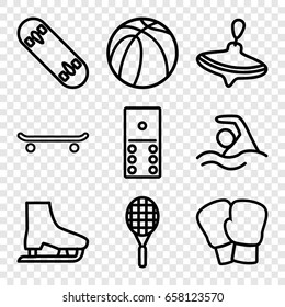Activity icons set. set of 9 activity outline icons such as whirligig, basketball, swimming, tennis rocket, skate board, ice skate, boxing gloves, skating