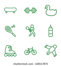 Activity icons set. set of 9 activity outline icons such as duck, badminton, tennis playing, skate rollers, bicycle, barbell   isolated, hang glider, boxing bag