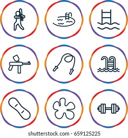Activity icons set. set of 9 activity outline icons such as pool, swimming pool, baseball player, snow board, barbell   isolated, skipping rope, swimming ladder