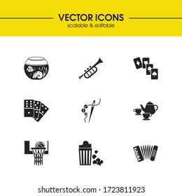 Activity icons set with aquarium, accordion and domino elements. Set of activity icons and bugle concept. Editable vector elements for logo app UI design.