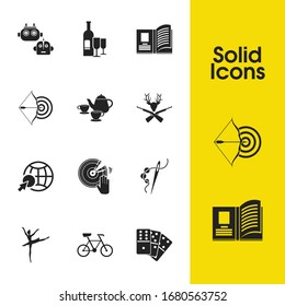 Activity icons set with archery, ballet dancer and dj-ing elements. Set of activity icons and ballerina concept. Editable vector elements for logo app UI design.