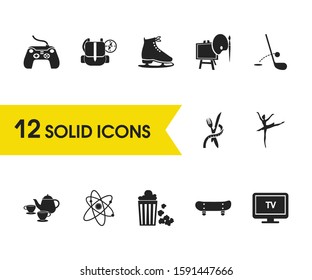 Activity icons set with ballet dancer, hiking and physics elements. Set of activity icons and porcelain concept. Editable vector elements for logo app UI design.
