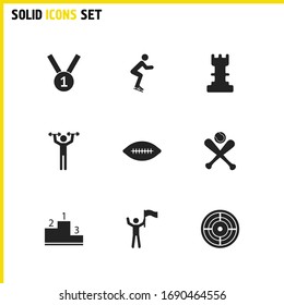 Activity icons set with baseball, flag-bearer and chess queen elements. Set of activity icons and skating concept. Editable vector elements for logo app UI design.
