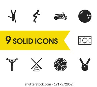 Activity icons set with bowling ball, snooker, on one hand elements. Set of activity icons and stadium concept. Editable vector elements for logo app UI design.