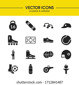 Activity icons set with boxing, tennis ball and football field elements. Set of activity icons and skate concept. Editable vector elements for logo app UI design.