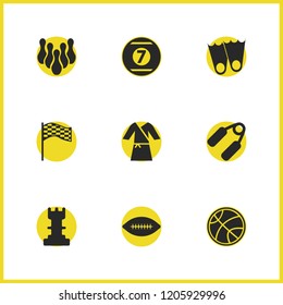 Activity icons set with chess queen, flippers and racing flag elements. Set of activity icons and bowling concept. Editable vector elements for logo app UI design.