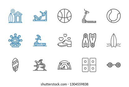 activity icons set. Collection of activity with barbell, domino, tent, stationary bike, surfboard, flippers, shoe, treadmill, ferris wheel. Editable and scalable activity icons.