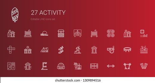 activity icons set. Collection of activity with barbell, football field, campfire, sport, gym station, cabin, domino, dive, running, shoes. Editable and scalable activity icons.