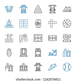 activity icons set. Collection of activity with baseball, shoe, gym station, cabins, cabin, treadmill, swing, sleeping bag, tent, football field. Editable and scalable activity icons.
