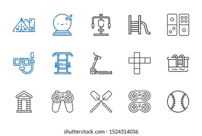 activity icons set. Collection of activity with baseball, gamepad, oar, cabin, pool, hopscotch, treadmill, gym station, dive, domino, slide. Editable and scalable activity icons.