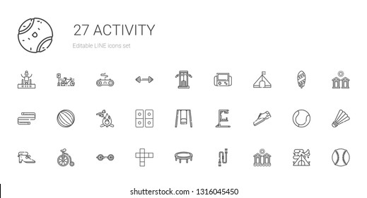 activity icons set. Collection of activity with cabins, jumping rope, trampoline, hopscotch, barbell, bicycle, shoes, shoe, gym station. Editable and scalable activity icons.