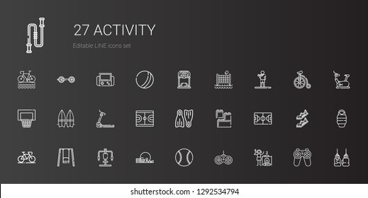 activity icons set. Collection of activity with campfire, gamepad, baseball, gym, gym station, swing, bicycle, football field, lego, flippers. Editable and scalable activity icons.