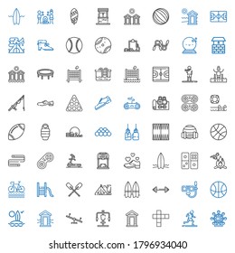 activity icons set. Collection of activity with ferris wheel, running, hopscotch, cabin, gym station, swing, surfboard, basketball, dive. Editable and scalable activity icons.